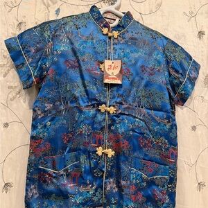 Blue Silk Men's Shirt with Traditional Design